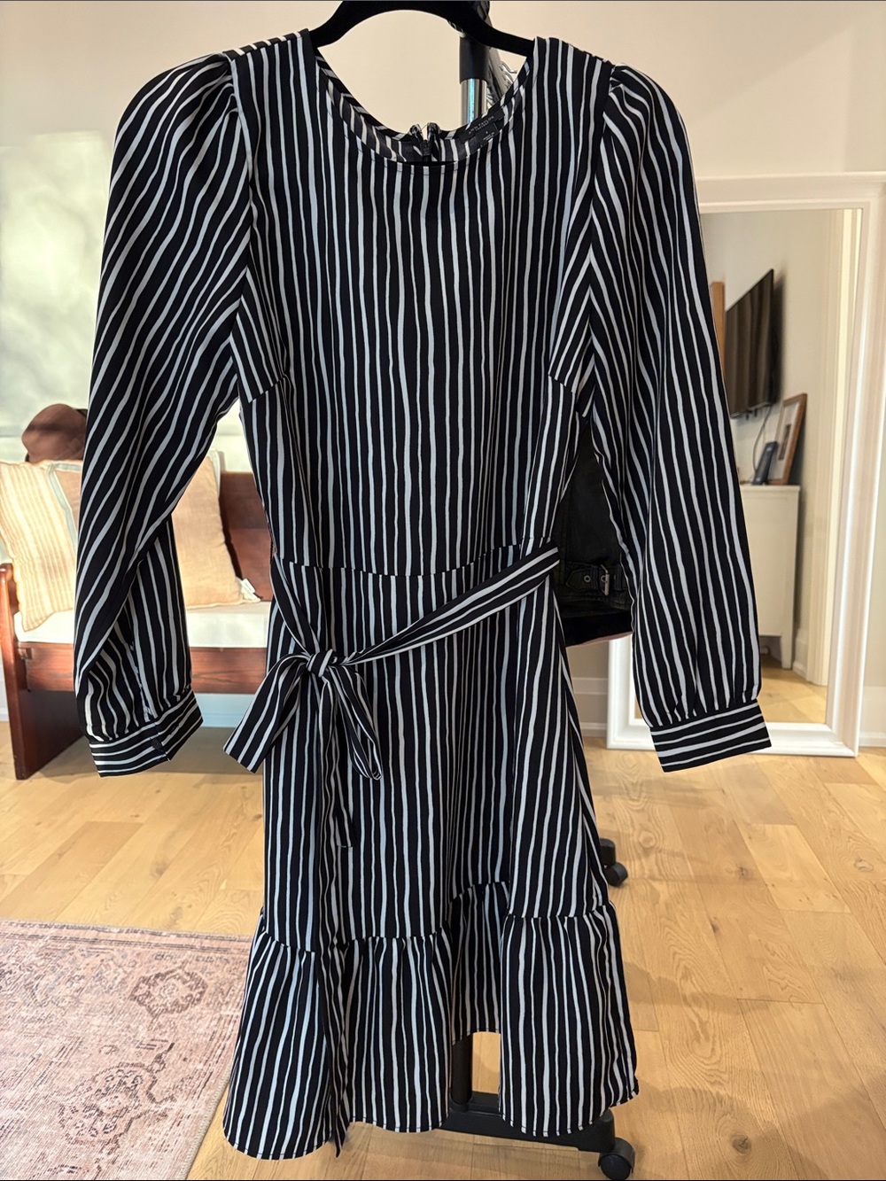 Ann Taylor Black and White Striped Long Sleeve Tie-Waist Dress